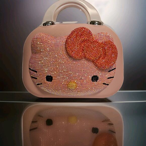 Hello Kitty Handbags - Hello Kitty Pink Plastic Makeup Bag with Zipper, Mirror, Rhinestone Bow